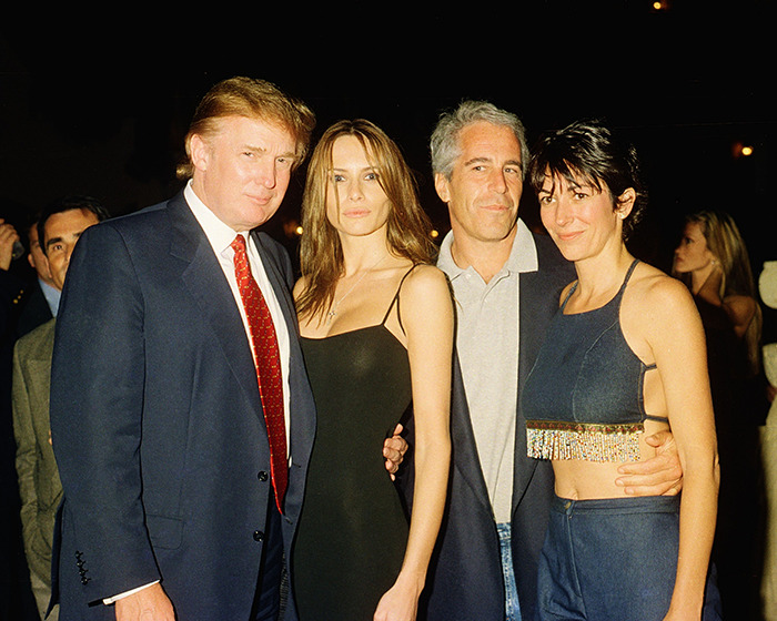 Donald Trump and Jeffrey Epstein posing with two women at a nighttime event related to Epstein prison cell CCTV footage.