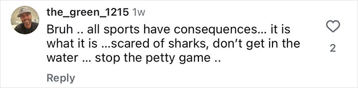 Instagram comment about surfing dangers mentioning fear of sharks and caution against entering water.