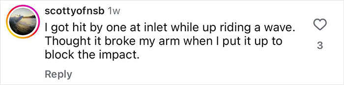 Comment from Florida surfer describing being headbutted by a flying shark while riding a wave in a wild viral video.