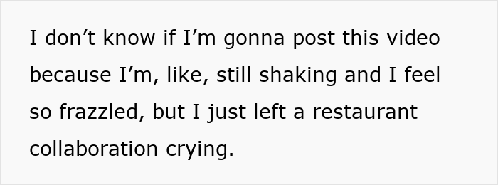 Text excerpt showing a micro-influencer describing feeling frazzled after leaving a restaurant collaboration crying. - 2