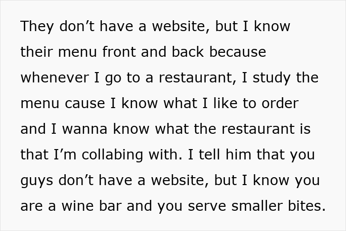 Text excerpt from a micro-influencer explaining knowledge of a restaurant menu and collaboration details. - 14