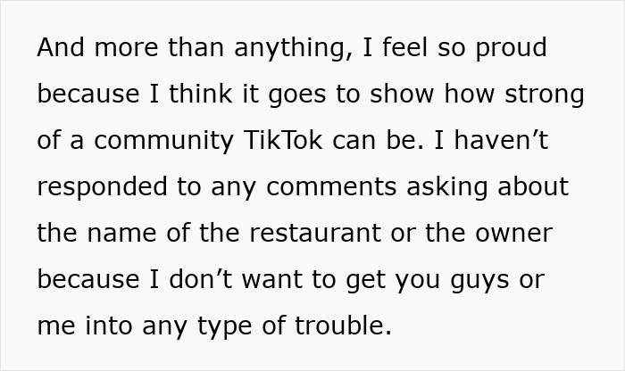 Text about TikTok community strength and avoiding naming a restaurant after a micro-influencer was disrespected online