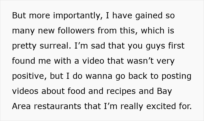 Text expressing a micro-influencer gaining followers despite negative video about Bay Area restaurant controversy.