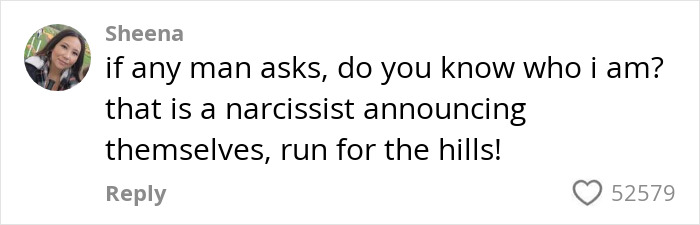 Comment from Sheena stating a warning about narcissists, in a social media style text box with likes shown.