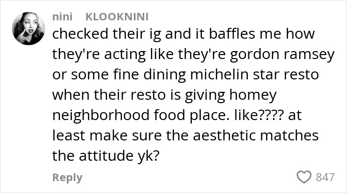 Comment criticizing restaurant&rsquo;s online image and attitude, highlighting disrespect towards micro-influencer.