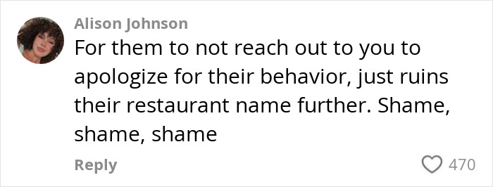 Comment from Alison Johnson criticizing a restaurant for disrespecting a micro-influencer, calling it shameful behavior online.