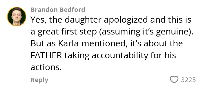 Comment from Brandon Bedford discussing accountability after a micro-influencer was disrespected at a restaurant.