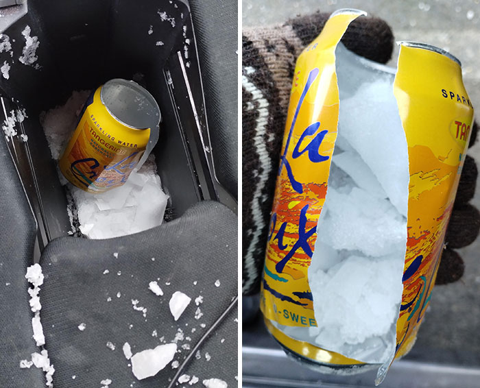 Crushed can filled with ice after being frozen accidentally, showcasing funny unfortunate situations people forgot something.
