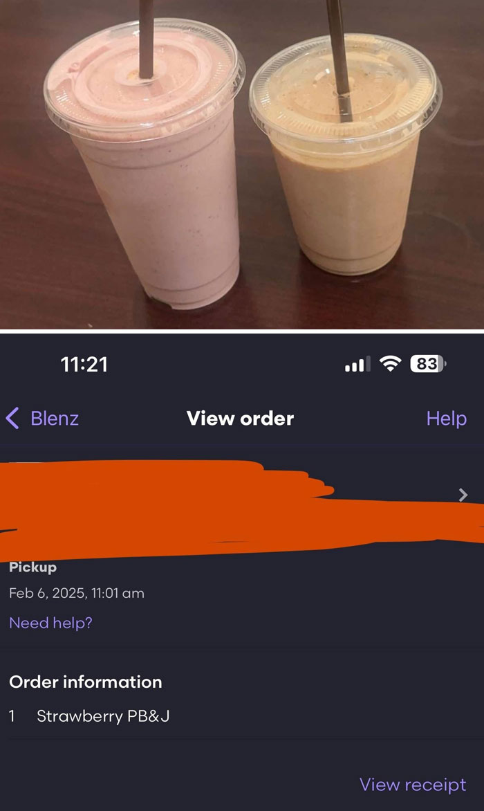 Two different colored drinks with a single order for a strawberry PB&J reflecting funny unfortunate situations.