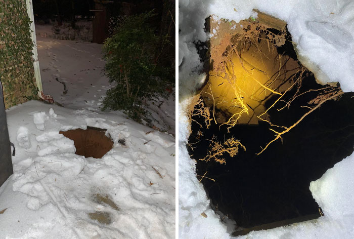 Large hole in snowy ground revealing hidden underground space with tree roots, showcasing unbelievable luck in discovering it.