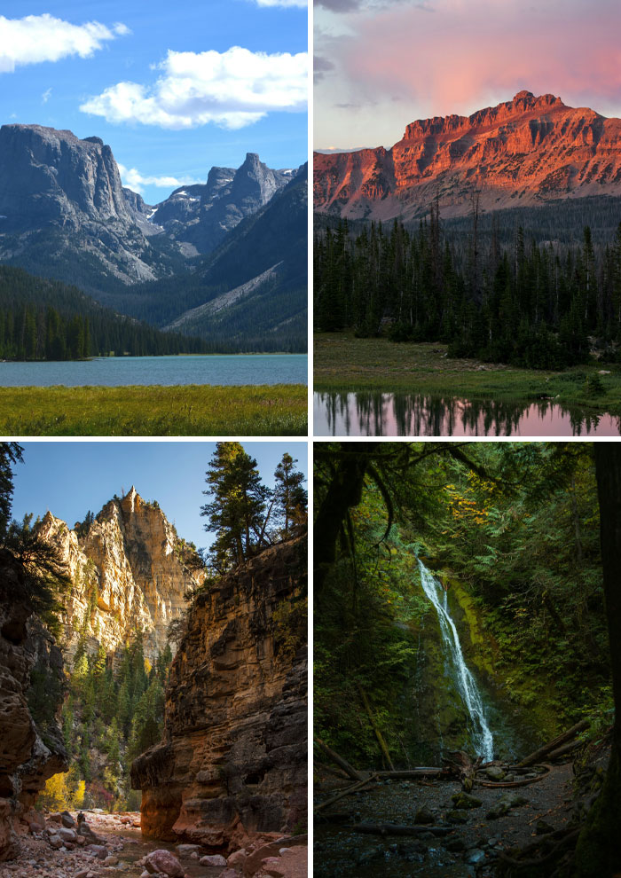 Collage of amazing nature scenes including mountains, forest waterfall, and sunset, showcasing unbelievable luck in outdoor moments.