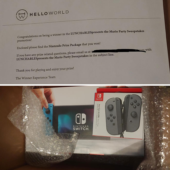 Letter announcing Nintendo prize win and unboxing of Nintendo Switch showing unbelievable luck in a lucky sweepstakes win.
