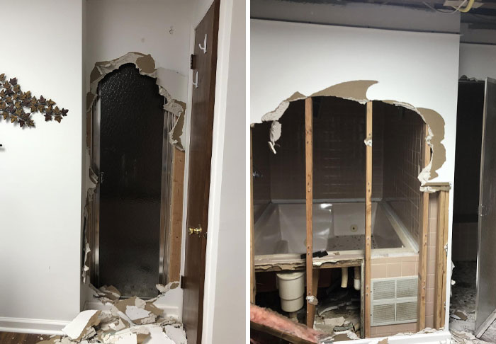 Hole in the wall narrowly misses bathtub, showing unbelievable luck captured in amazing photos of people experiencing luck.