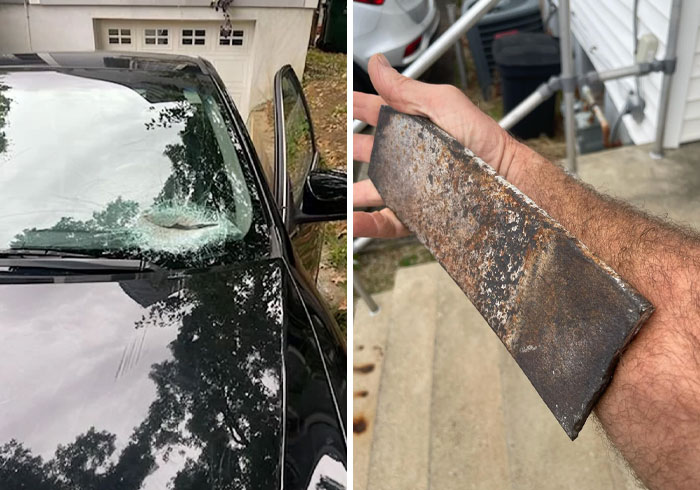 Car windshield c*****d by a sharp object that narrowly missed the person holding the rusty blade, showing unbelievable luck.