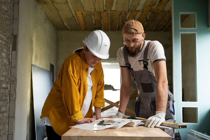 Woman consulting contractors in home under renovation, discussing remodeling plans with a focused expression.
