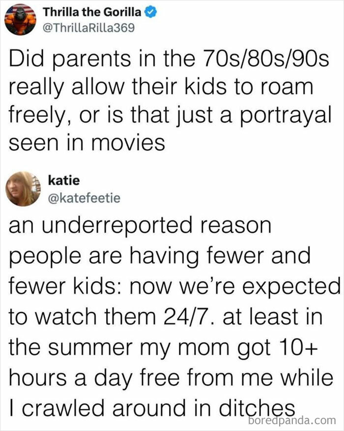 Twitter meme about parenting differences from past decades, highlighting humor in funniest memes about kids roaming freely.