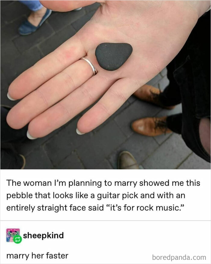 Hand holding a pebble shaped like a guitar pick with a humorous caption about rock music, featured in funniest memes.