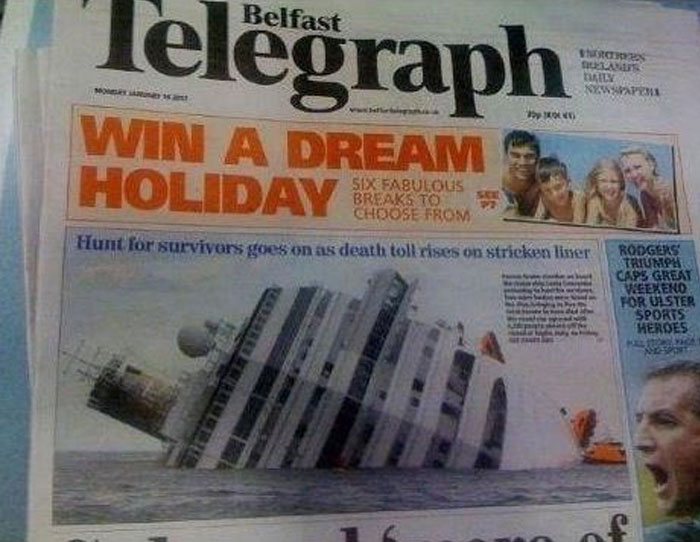 Newspaper front page showing a sinking cruise ship with an ironic holiday contest headline, illustrating unattainable body advertising fails.