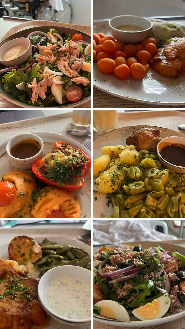 Various meals featuring fresh salads, vegetables, and sauces, showcasing mildly interesting food presentation and plating.