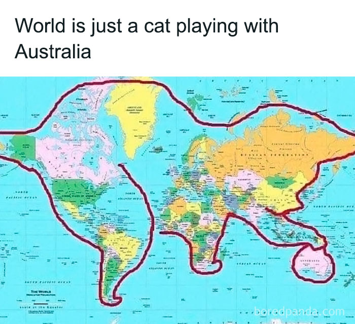 World map outlined to look like a cat playing with Australia, a funny animal meme from pure animal memes collection.