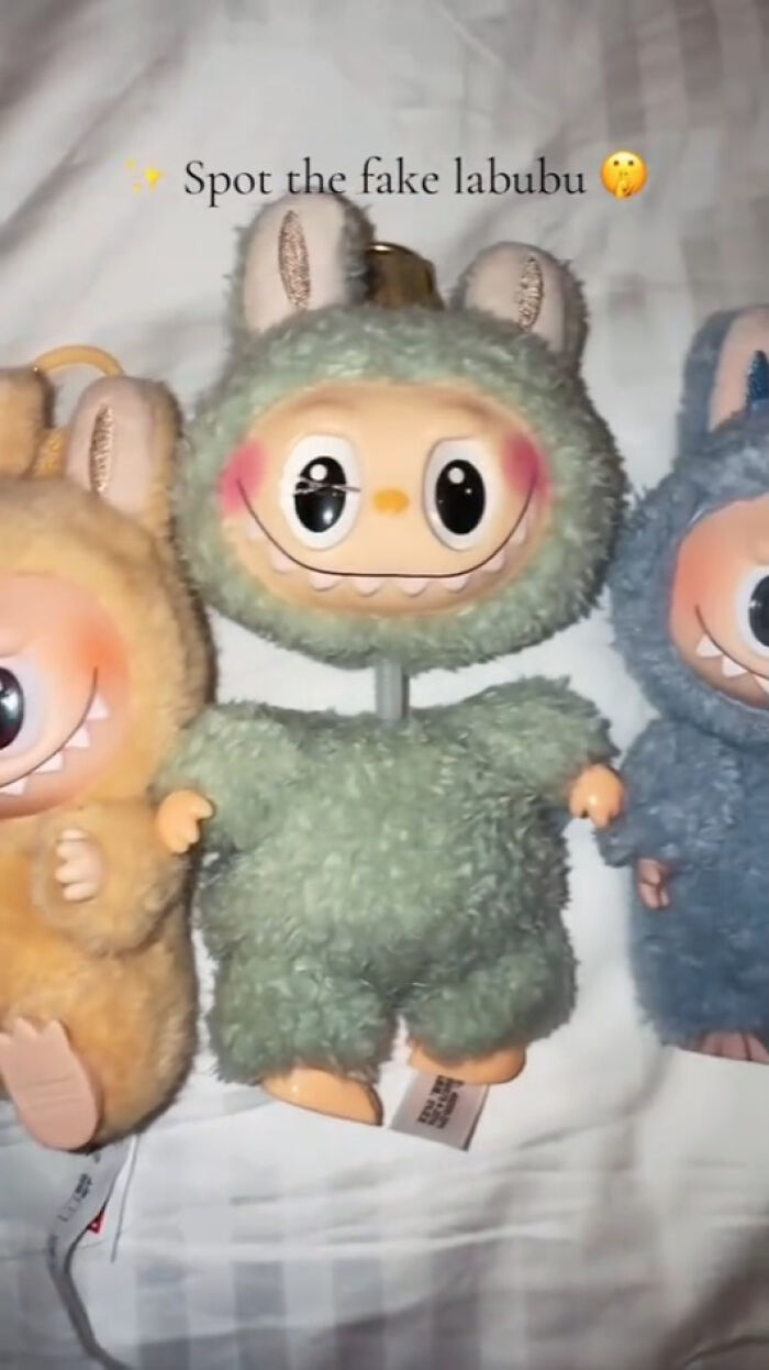 Three creepy plush Labubu dolls in green, orange, and blue colors with distorted faces, highlighting fake Labubu toys.