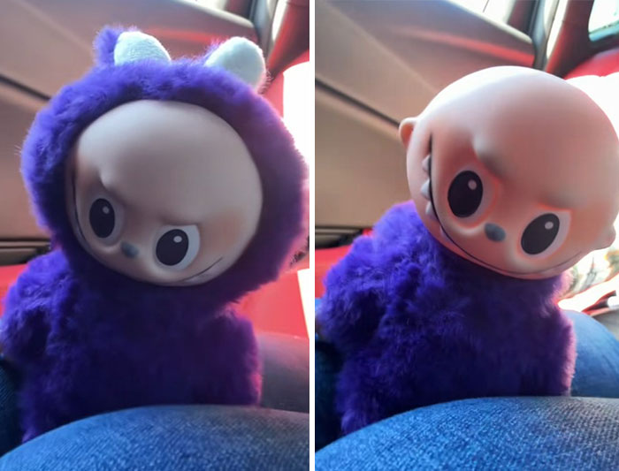 Creepy Labubus doll fakes with unsettling faces dressed in purple fuzzy costume, sitting inside a car.