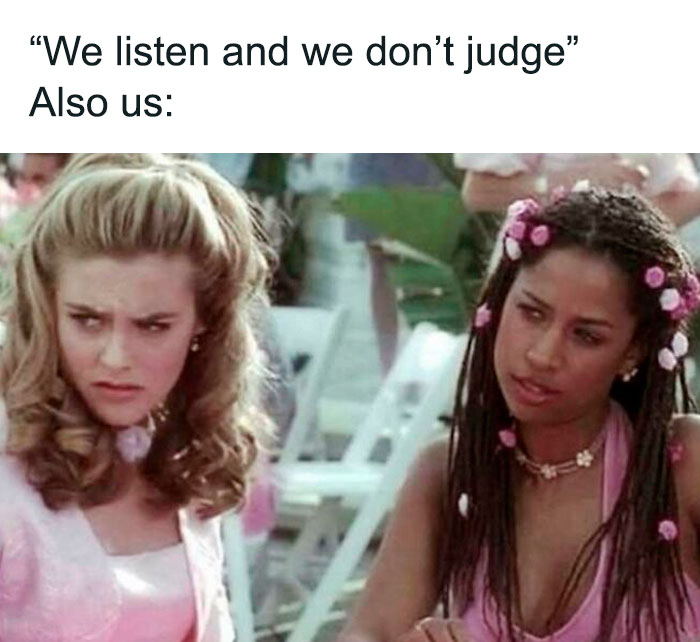 Two women in pink outfits sitting outdoors with skeptical expressions, funny and relatable memes for girly women.