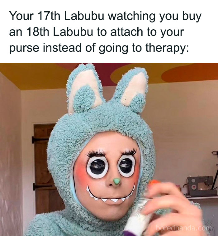 Person dressed in a fuzzy bunny costume with Labubu doll-inspired face makeup in a humorous meme format.