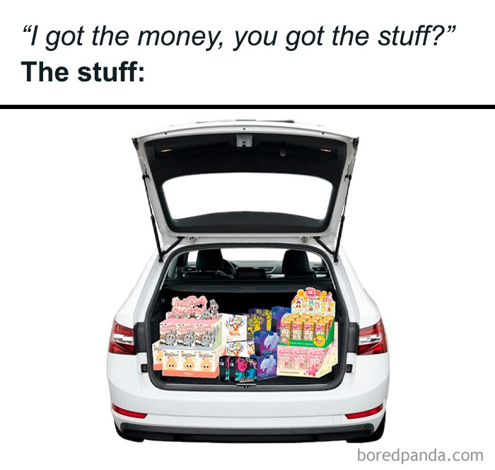 Open trunk of white car filled with Labubu doll merchandise, highlighting Labubu doll memes trending online.