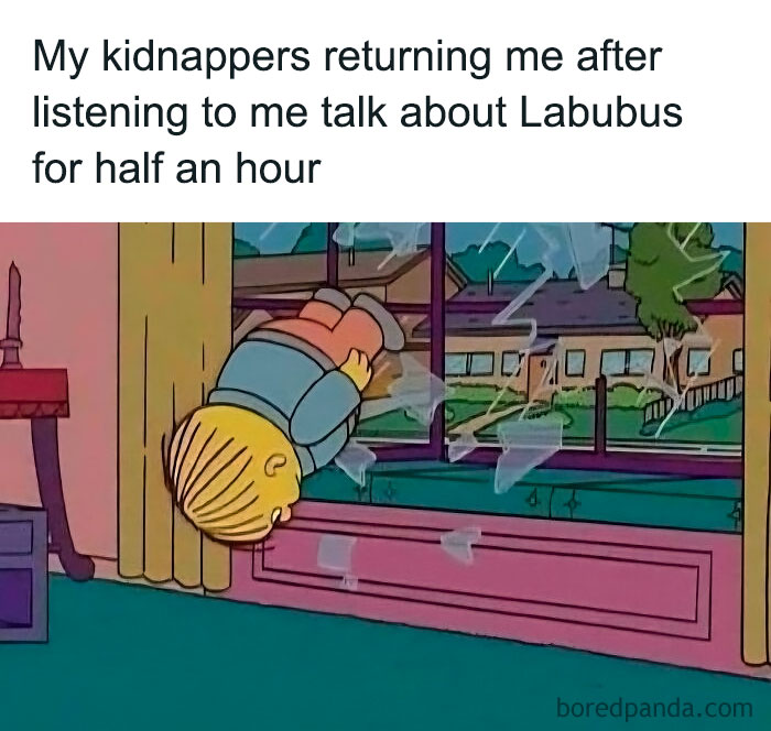 Cartoon character falling out of a shattered window with caption about Labubu doll sparking hilarious memes online.