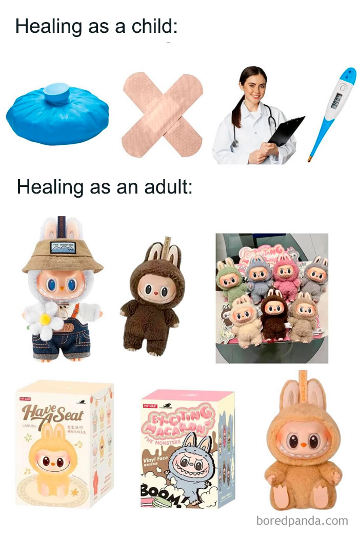 Comparison meme showing childhood healing items and adult healing with various Labubu dolls in costumes and packaging.