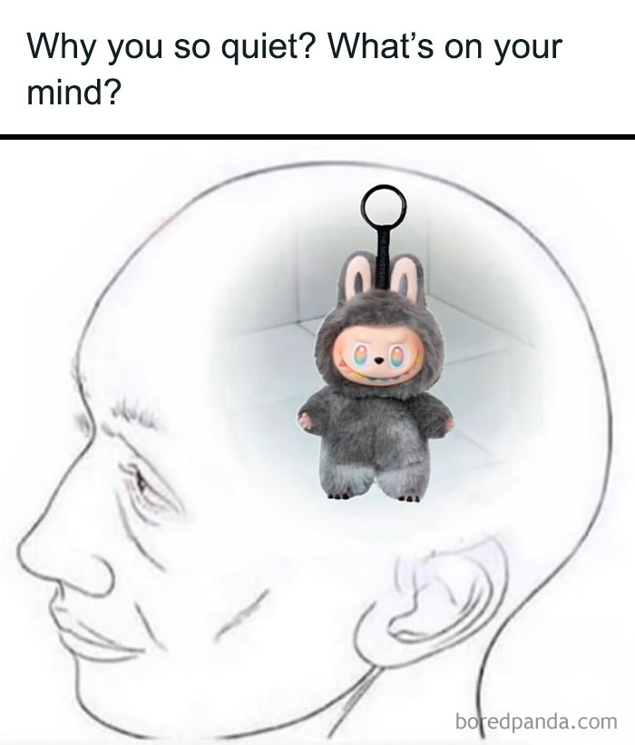 Illustration of a head with a Labubu doll inside, representing quiet thoughts in a humorous meme format.