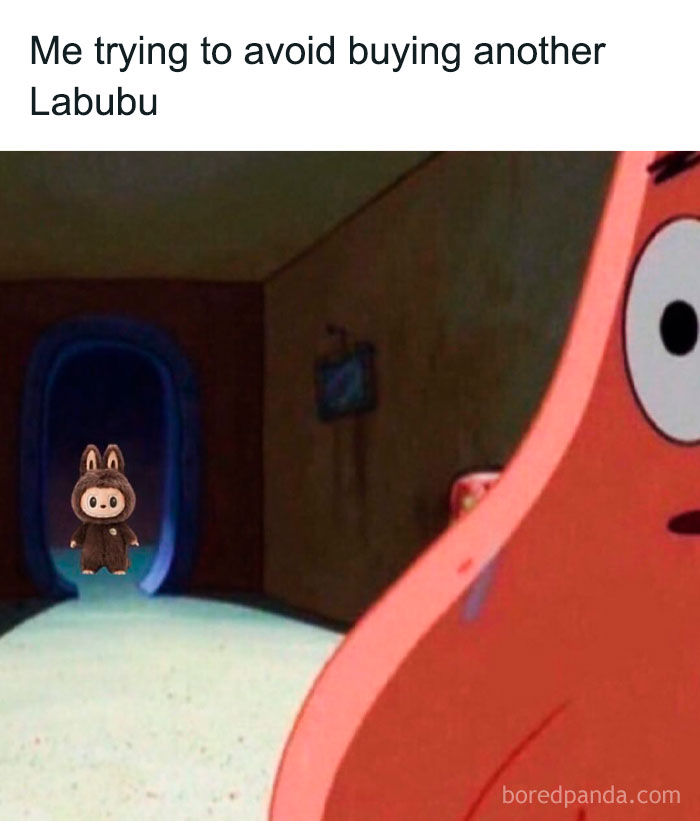 Patrick Star nervously looking at a Labubu doll in a dark hallway, depicting Labubu doll memes online humor.