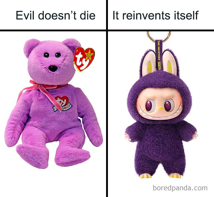 Purple teddy bear toy on the left and Labubu doll wearing a purple monster costume on the right, both plush toys.
