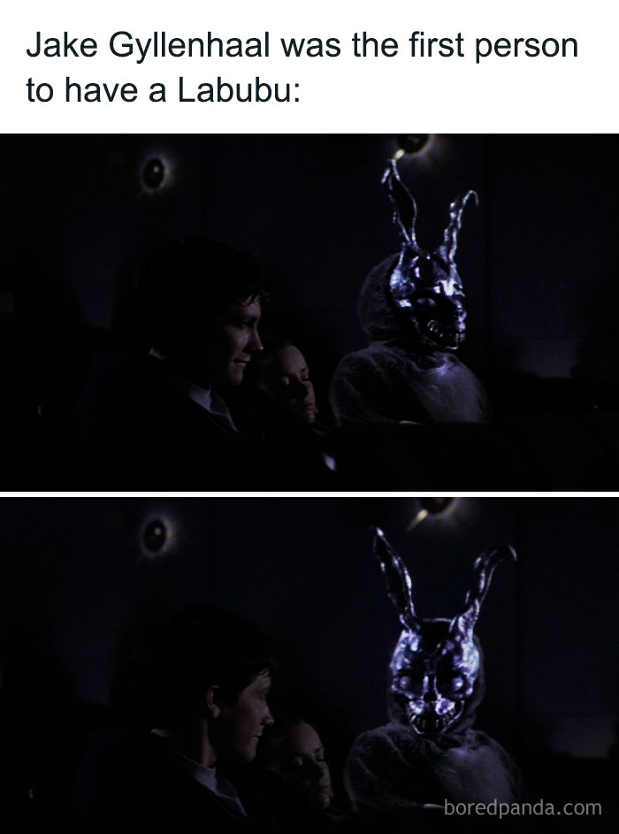 Jake Gyllenhaal sitting next to a creepy Labubu doll in a dark room, sparking hilarious Labubu memes online.