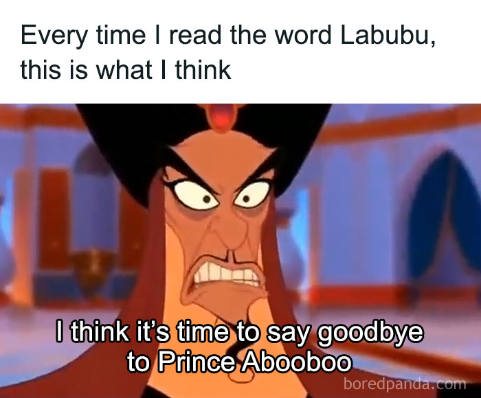 Angry animated character with caption referencing Labubu doll meme and Prince Abooboo, highlighting popular Labubu meme humor.