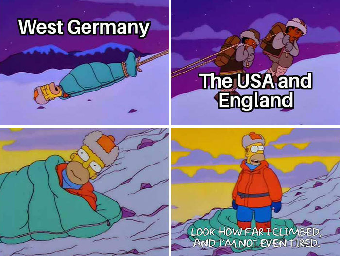 Simpsons meme comparing historical countries' struggles with characters climbing and resting on a snowy mountain, entertaining history memes.