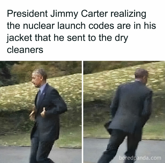 Two-panel meme showing President Jimmy Carter running frantically, illustrating an entertaining history lesson meme.