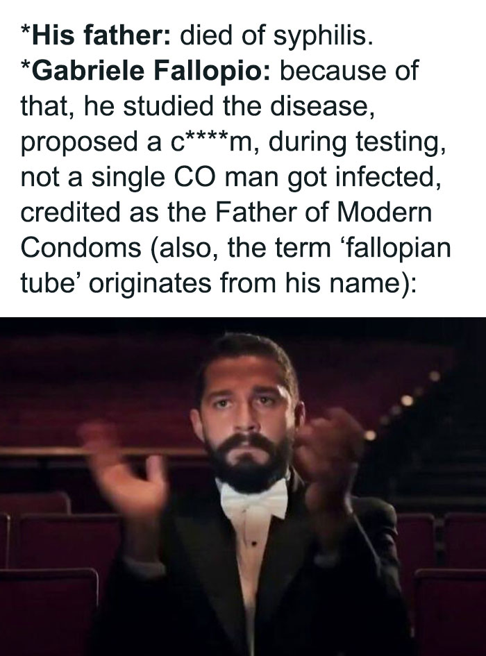 Man in tuxedo clapping in empty theater below text about Gabriele Fallopio and history lessons memes.