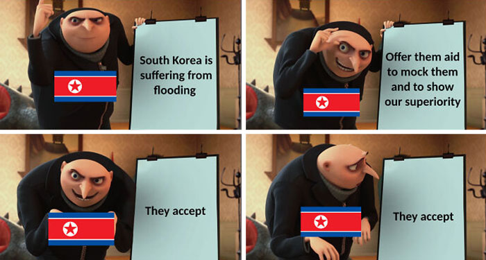 Gru character from Despicable Me presenting a meme about North Korea and South Korea, entertaining history memes concept.