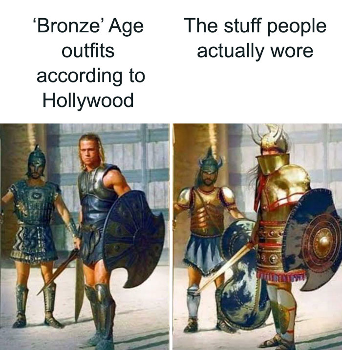 Comparison of Bronze Age outfits in memes showing Hollywood versions versus historically accurate armor and attire.