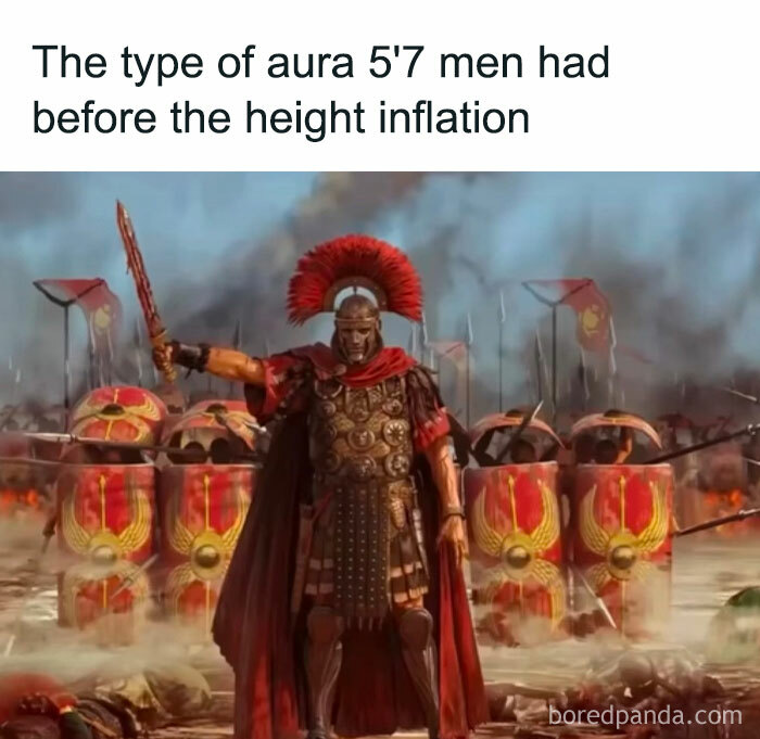 Roman soldier with shield and sword leading troops in battle, illustrating entertaining history memes about historical aura and height.