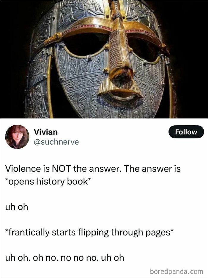 Viking helmet and tweet humor about violence in history, highlighting entertaining history memes and lessons.