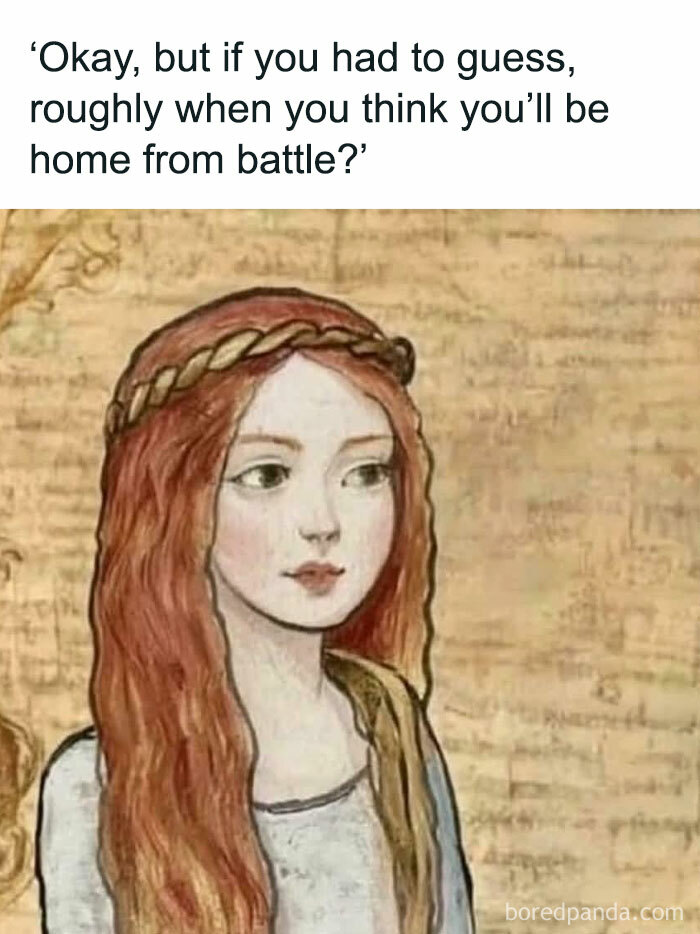 Medieval woman illustration with red hair and braided crown, paired with a funny history memes quote about battle timing.