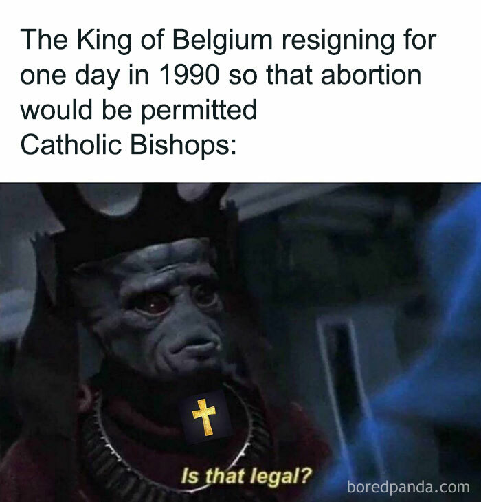 Meme about the King of Belgium resigning in 1990 with Catholic Bishops reacting, illustrating entertaining history lessons.