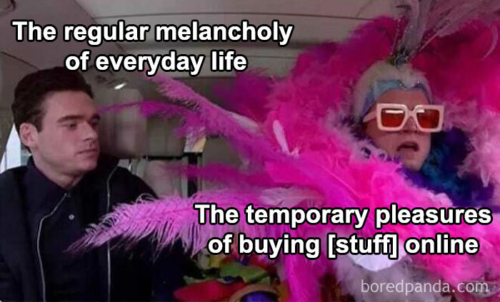 Two men in a humorous meme highlighting the philosophical meme contrast between melancholy and online shopping pleasures.