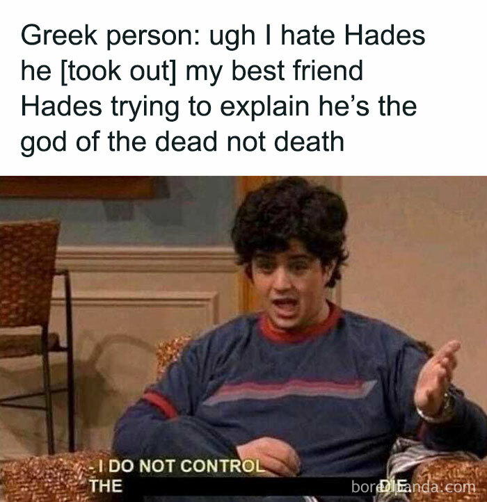 A philosophical meme showing a boy explaining Hades is the god of the dead, humor blending Greek mythology and memes.