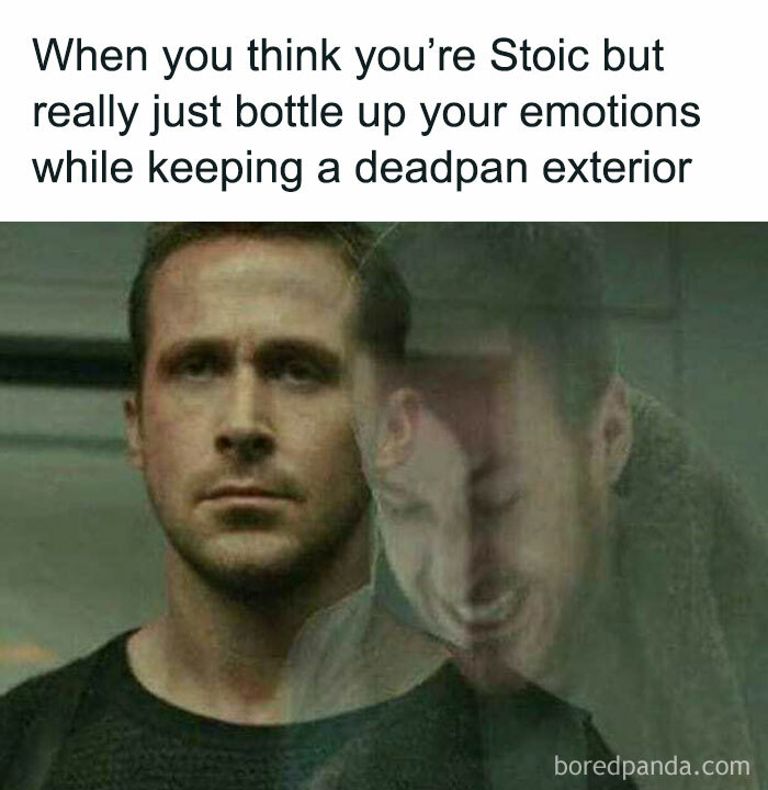 Man with stoic face and overlay of emotional expression, illustrating philosophical memes about bottled-up emotions and stoicism.