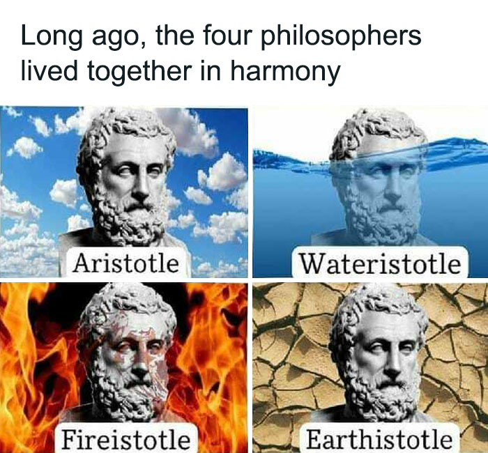 Busts of Aristotle depicted as water, fire, and earth, creating a humorous philosophical meme with the keyword philosophical memes.