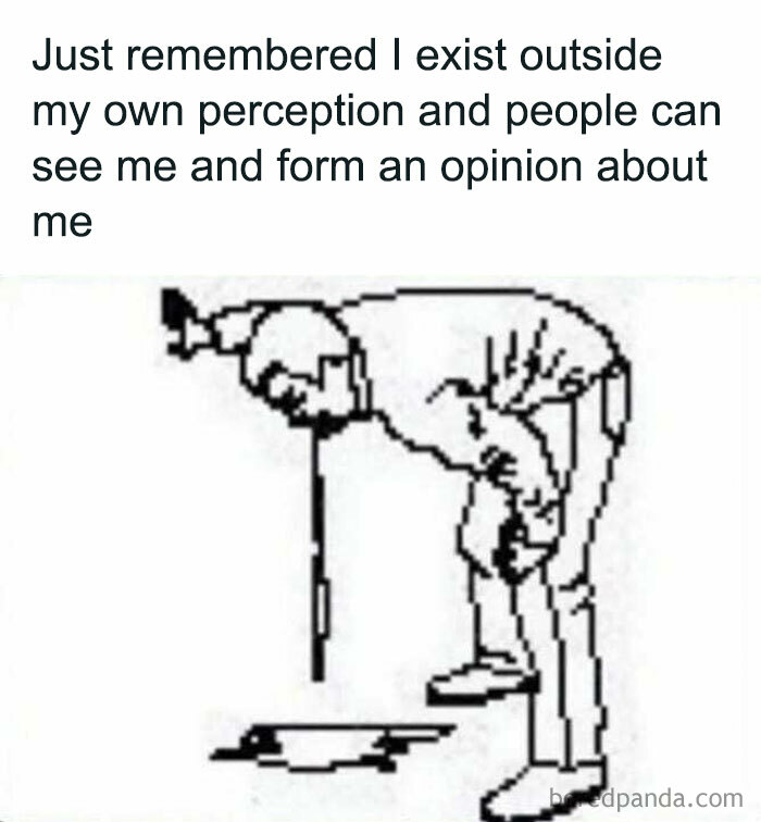 Philosophical meme showing a person realizing they exist outside their own perception, reflecting self-awareness humor.